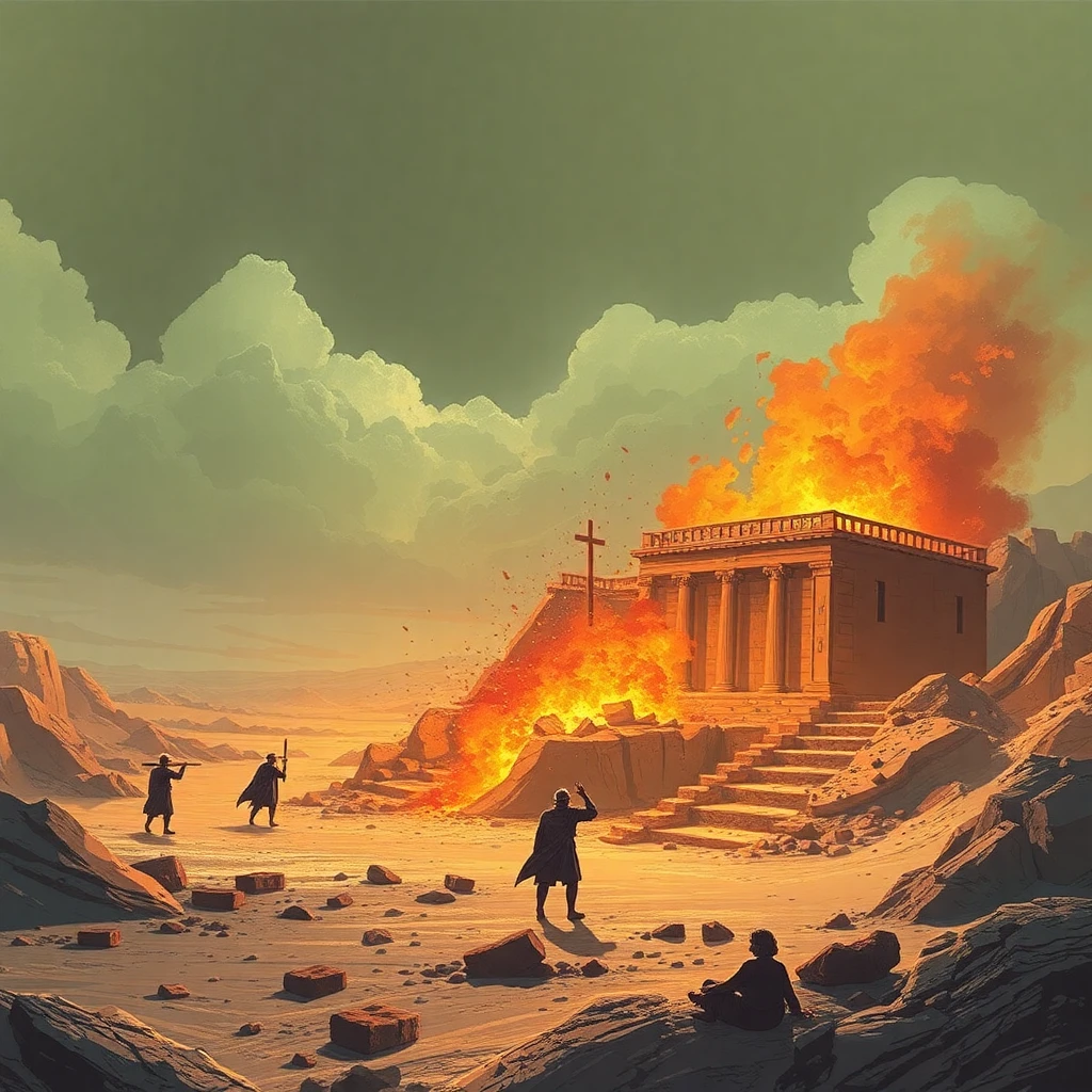 صورة تخيلية لتدمير قوم لوط، رسم رقمي لمدينة تحت المطر الناري